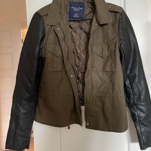 Medium American Eagle Leather and Army Green Jacke